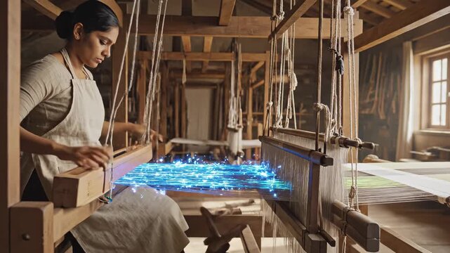 Skilled weaver using traditional loom with digital overlay showing innovation in textile production and sustainable craftsmanship
