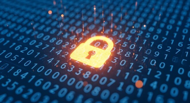 Digital cybersecurity and data encryption protection. Network privacy and information safety. Glowing padlock icon on binary code background representing secure firewall access