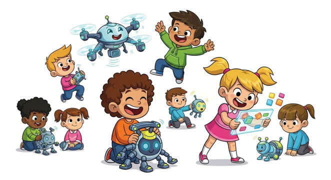 Children happily playing with futuristic robots and drones.