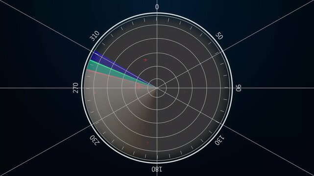 Radar Screen Display with Colorful Grids and Measurements on Dark Background