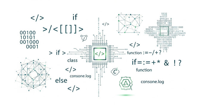 Abstract digital technology and programming code symbols.