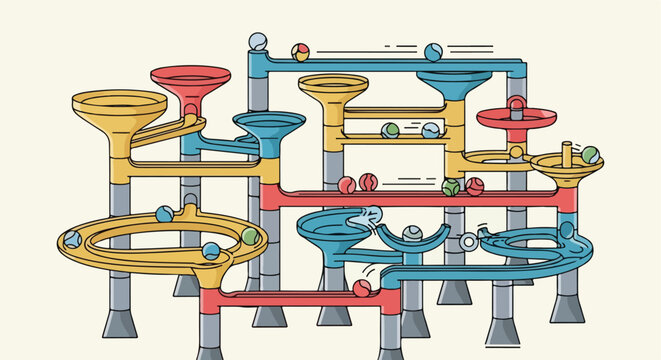 A colorful plastic toy construction set with rolling balls on tracks and funnels