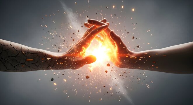 Dramatic touch of two hands creating an energy explosion. Creation and connection concept. One cracked skin hand reaching for another amidst bright light sparks and floating debris