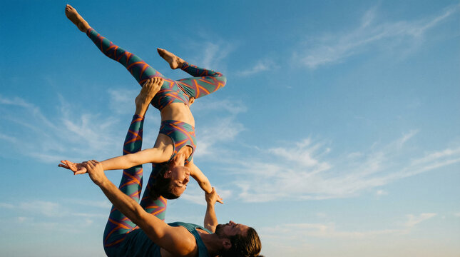 Acro yoga inversion couple performing advanced balance outdoors