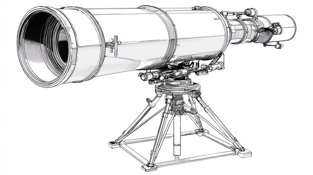 Line-art depiction of a large telescope with a tripod mount on a white background