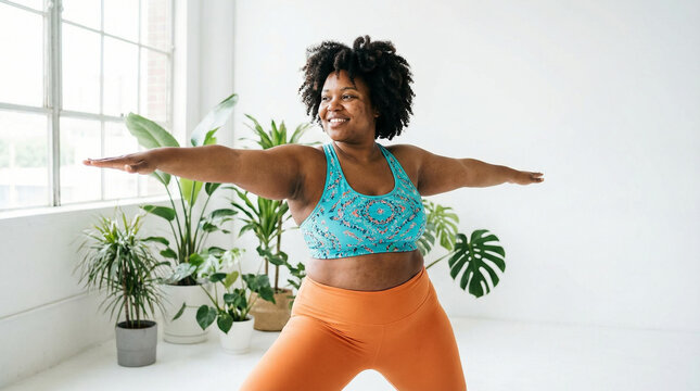 Plus size woman doing yoga warrior pose in bright home