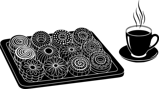 Eid Kahk Cookies Tea Cup Traditional Hospitality Celebration Black Vector Silhouette