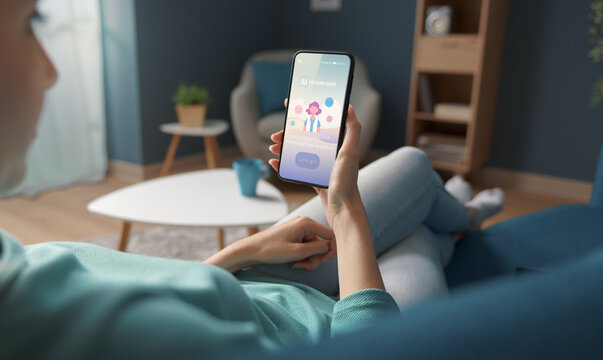 Woman interacting with an AI therapist on her laptop for online mental health support.