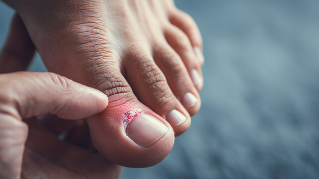 A painful toenail condition where a person holds their foot due to discomfort.