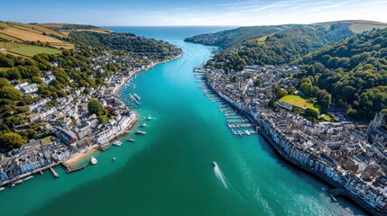 Obraz premium Coastal town stretching along estuary and sea inlet