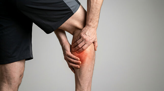 Male athlete clutching painful calf muscle, experiencing discomfort and possible strain