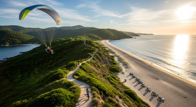 A person paragliding over a scenic coastline with a beach and green hills at sunset