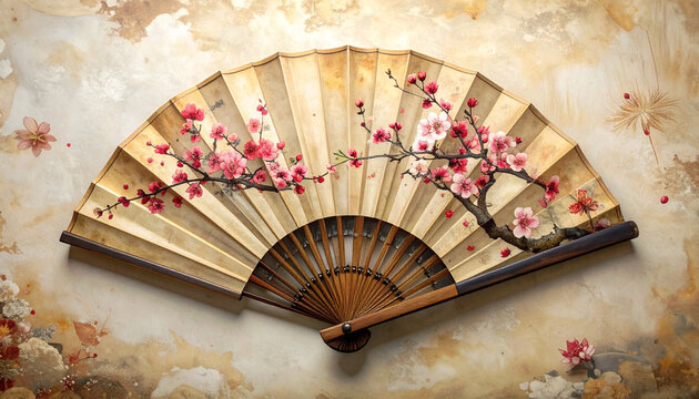 Elegant hand fan with cherry blossoms against soft textured background