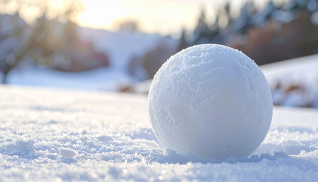 Snowball on snowy ground with blurred background and sunlight