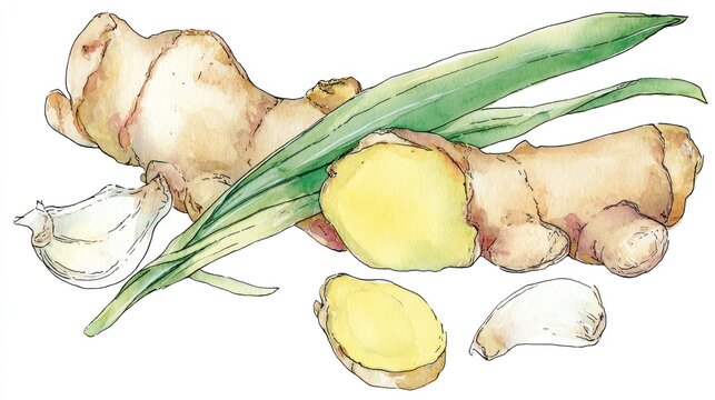 Watercolor illustration of ginger root, ginger slices, garlic, and fresh green leaves