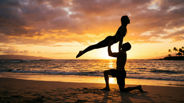 Couple performing acro yoga lift on beach at sunset