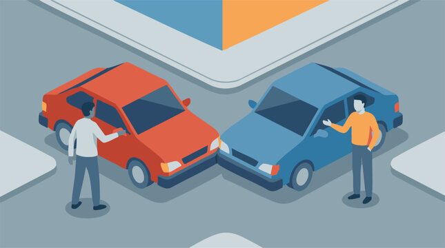 Isometric illustration of car accident at intersection with drivers discussing