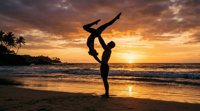 Couple practicing acro yoga on the beach at sunset