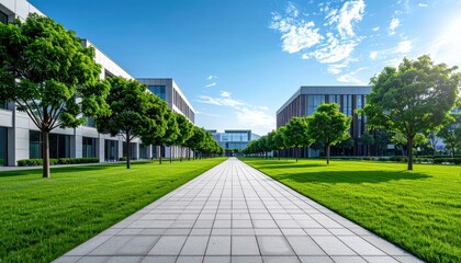 Fototapeta premium A serene summer day reveals a sunlit pathway through the green grass and trees of a park, where a nature walkway leads past classic architecture toward a wooden bridge