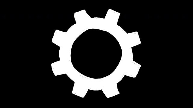Hand drawn 2D animation of white gear with textured scribble effect rotating on black background. Rough sketch style mechanical cogwheel loop representing industrial concepts, creative engineering, an