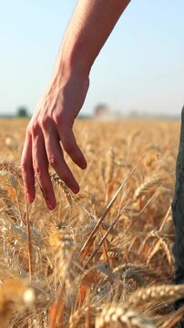 Farmer's hand touching a ripe wheat ears in the wheat field, in a background agricultural machinery combine harvester working on the field, slow motion