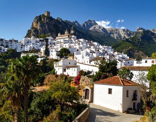 Fototapeta premium A picturesque village nestled against rugged mountains, showcasing whitewashed buildings and a medieval fortress under a clear, blue sky