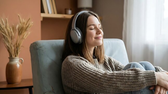 A woman listens to music with her eyes closed, feeling relaxed. She sits in a cozy chair, and dry plants in a decorative pot stand next to her.