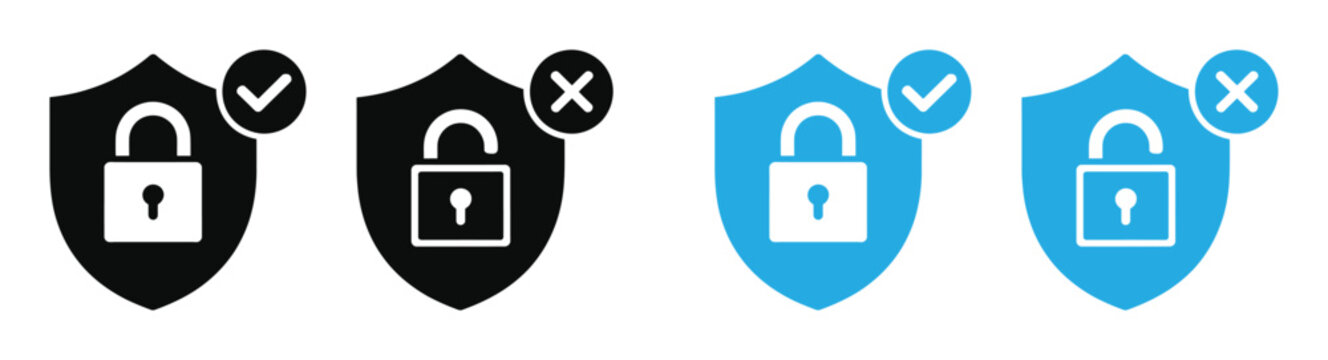 Security icons with shield and lock symbols in black and blue vector illustration