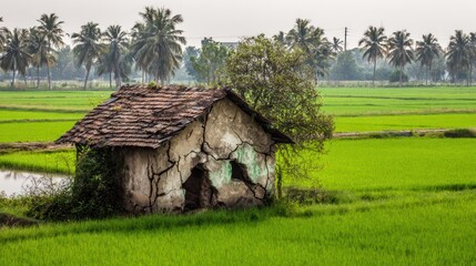 Obraz premium Ruined cottage with cracked walls in a bright green rice field. Palm trees in the background