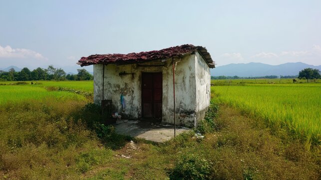 Weathered small structure in a lush green field, backed by mountains