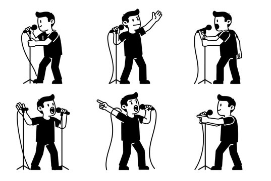 A man illustrates various poses while using a microphone at a podium in different positions.