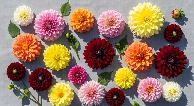 Colorful Pompon Dahlias Spread Across Light Background.
