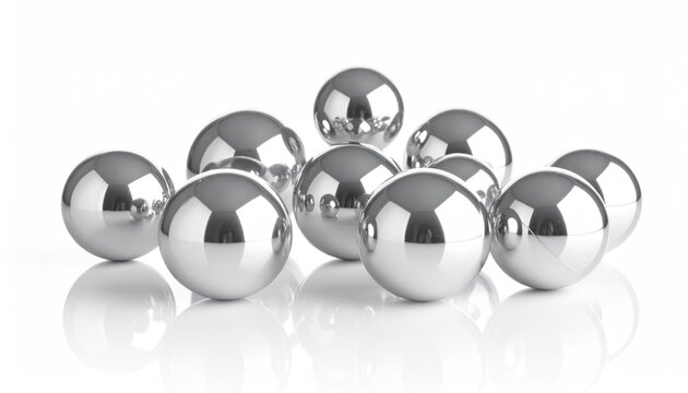 Pile of Shiny Chrome Spheres on White Background.