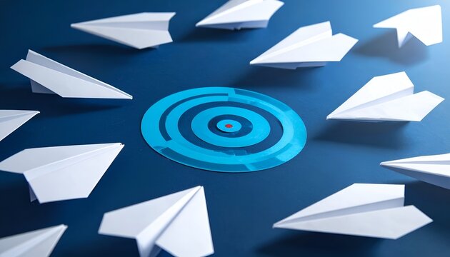 Business concept with paper planes moving toward goal, symbolizing strategy, direction, and success.