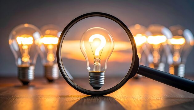 Business research concept with magnifying glass examining idea, symbolizing decision making, innovation, and solutions.