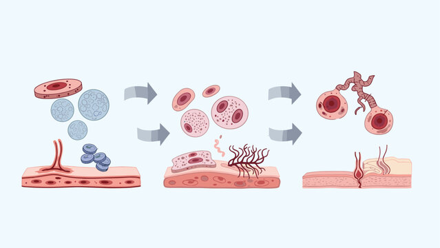 Detailed diagram illustrating the process of cell differentiation and skin cell regeneration, showcasing biological complexity and healing stages.