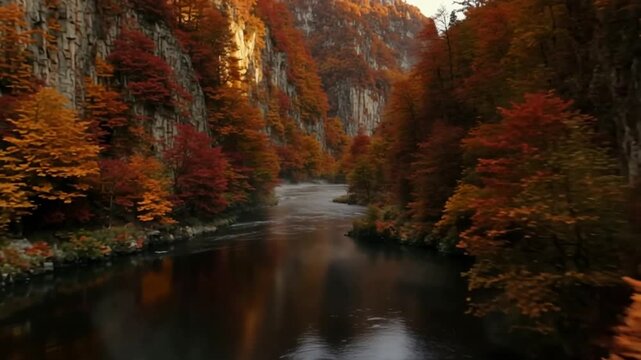 A serene autumnal river flows through a rocky gorge surrounded by vibrant orange and red trees on a sunny day
