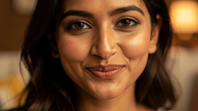 Close up portrait of young woman with natural skin and warm smile looking at camera in cozy indoor setting