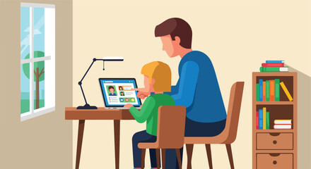 Fototapeta premium A man and a young child sitting at a desk together while using a laptop screen