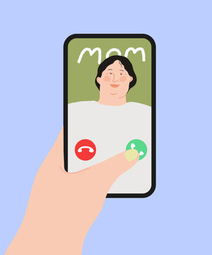 Calling mom on a mobile phone. Vector Illustration. Finger pressing call button