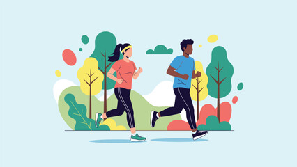 Fototapeta premium Diverse man and woman jogging together in a colorful park, symbolizing healthy lifestyle, outdoor exercise, and active recreation.