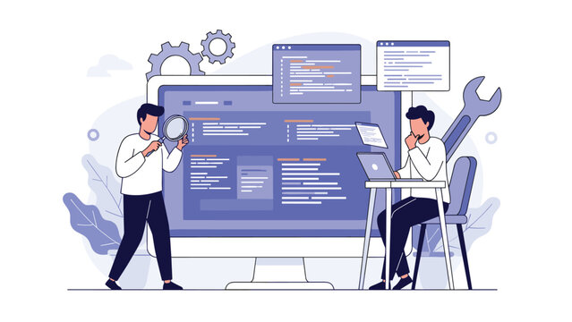 Two developers collaborating on software development, one using a magnifying glass on code, the other with a laptop, symbolizing programming and testing.