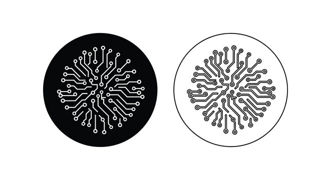 Two circular circuit board designs one black and one white with detailed lines silhouette