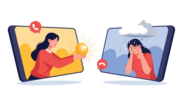 Compassionate woman offering a glowing orb to a sad, crying woman in a video call, symbolizing online therapy, emotional support, and healing.