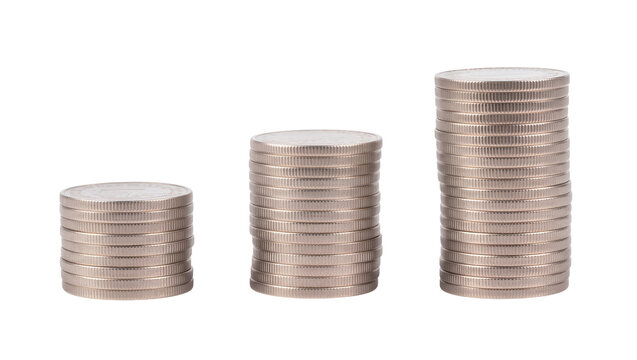 Three stacks of silver coins in ascending order, isolated on transparent background