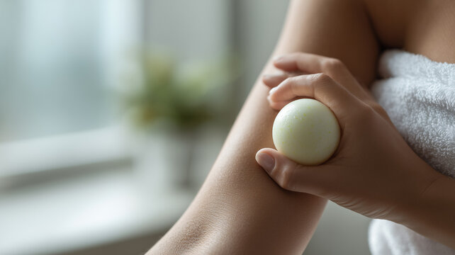 Roll-on deodorant ball applicator with hand to apply deodorant to the underarms.