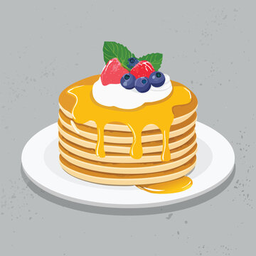 Stack of pancakes with syrup and berries on plate illustration