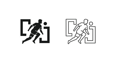 Fototapeta premium Two soccer players running within bracket icons a minimalist silhouette