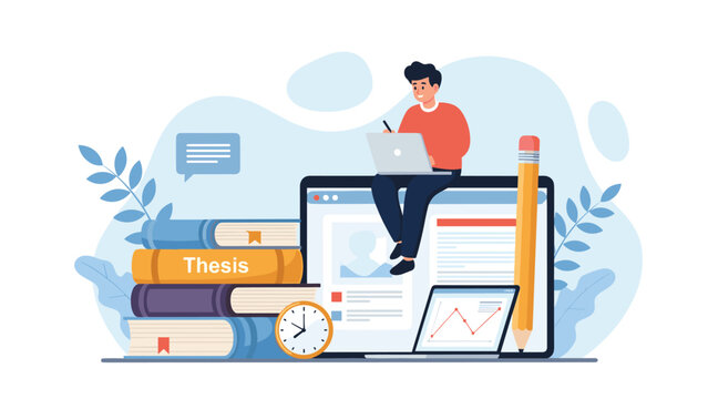 Enthusiastic young man sitting on a laptop, actively studying and working on his thesis online, surrounded by books and academic tools for focused learning.