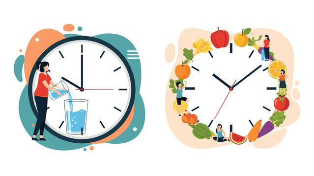 Illustrative comparison of intermittent fasting with a water clock and a healthy eating schedule with a food clock, emphasizing dietary choices.